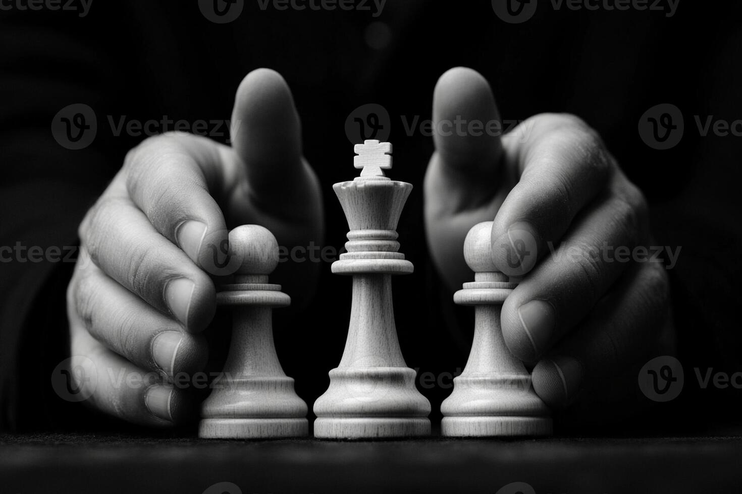 A black and white photo of two hands holding a chess piece
