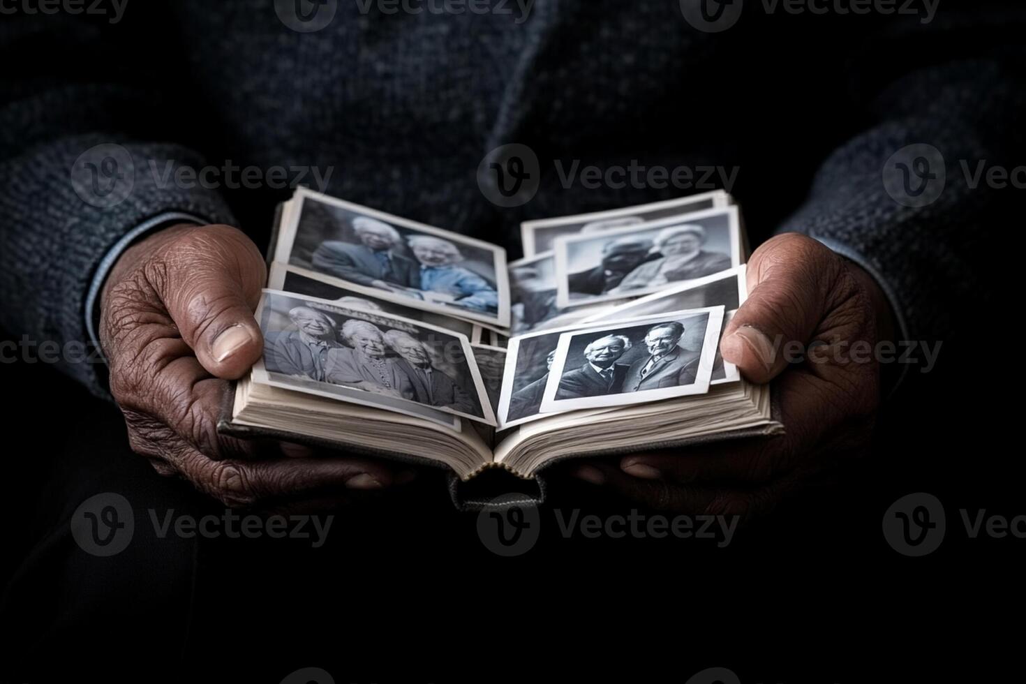 An old man holding a book with photos of his family