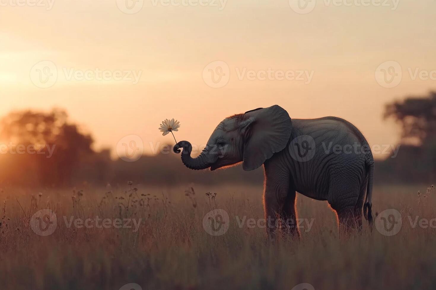 An elephant standing in the middle of a field with a flower photo