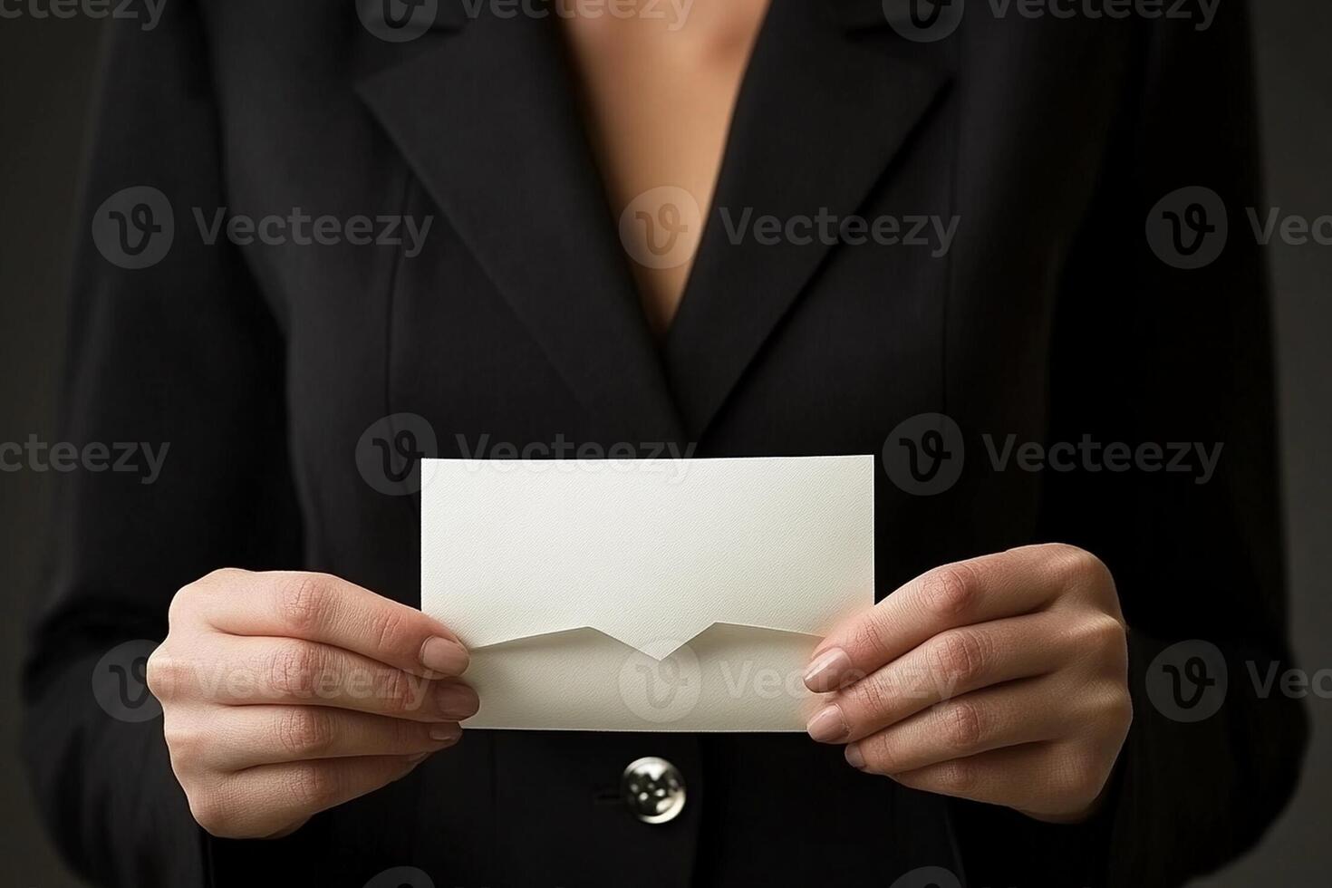A woman in a suit holding a blank piece of paper photo