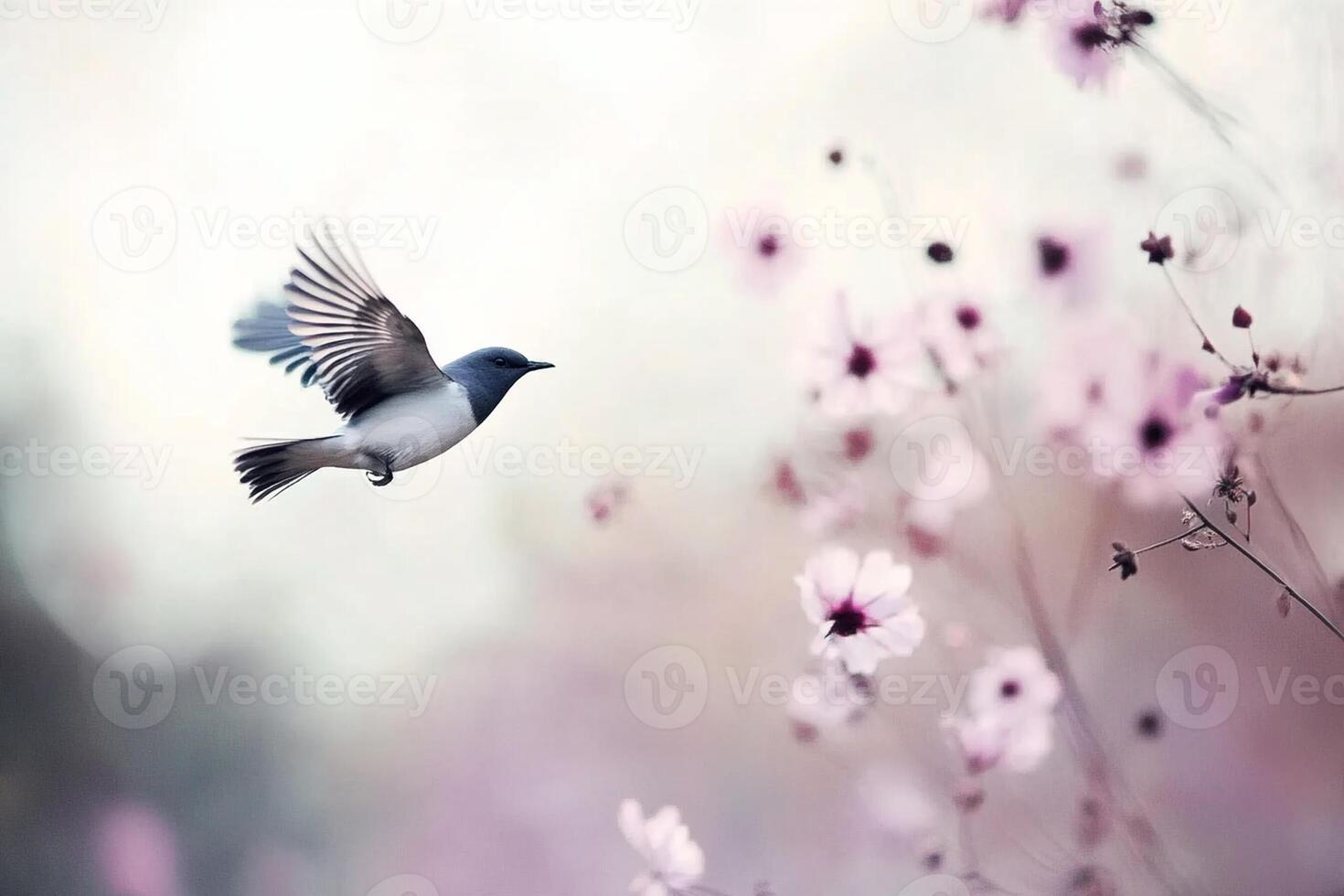 A bird flying over a field of pink flowers photo