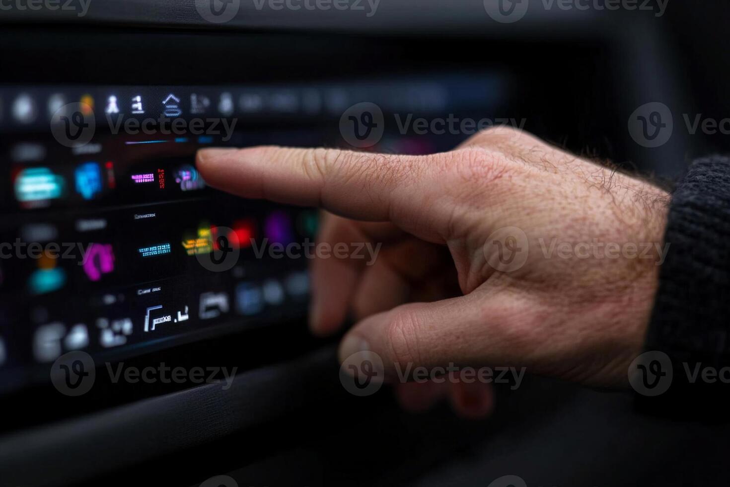 A person touching a touch screen in a car photo