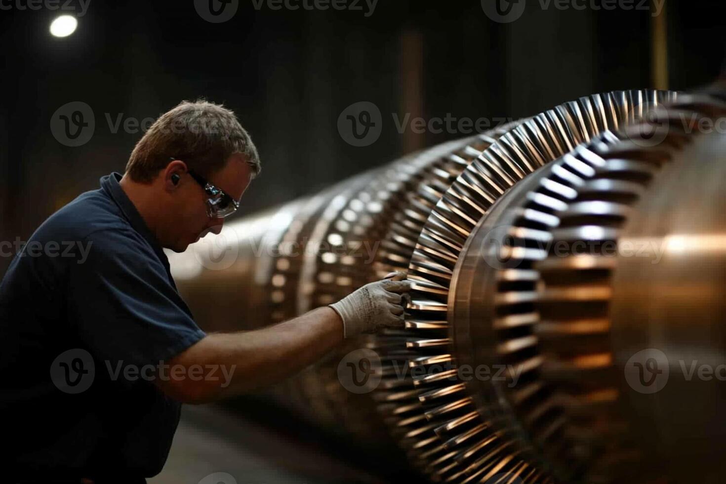 A man working on a turbine in a factory photo