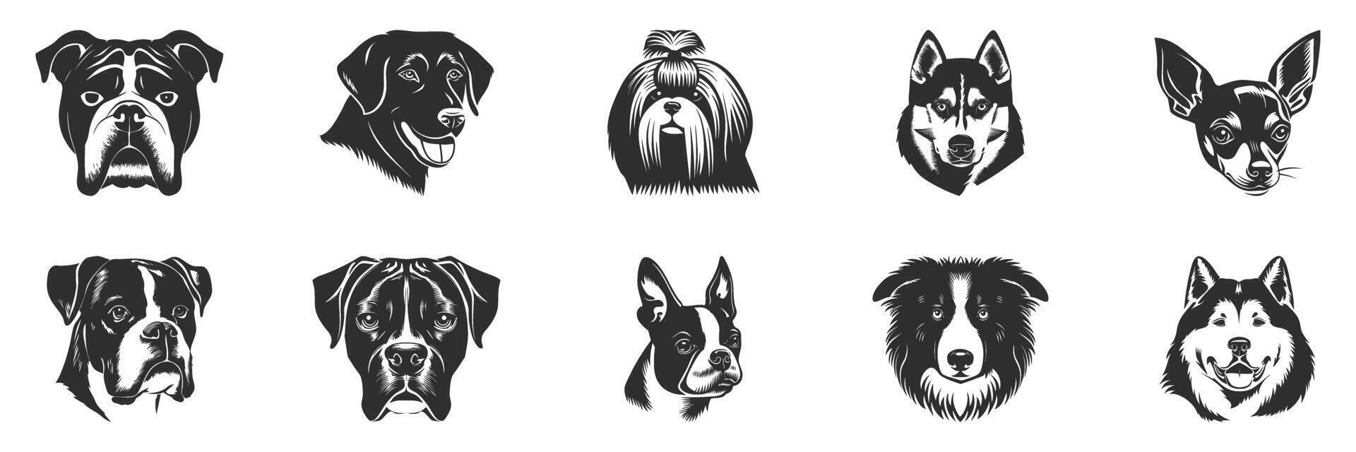 Dog Breed Head Silhouette Set. Diverse Canine Faces In Black And White. Isolated Illustration Collection vector
