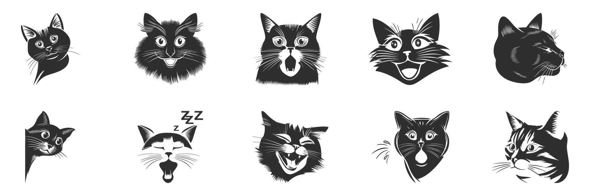 Cat Expressions Silhouette Set. Playful And Curious Feline Faces Isolated Illustration Collection vector