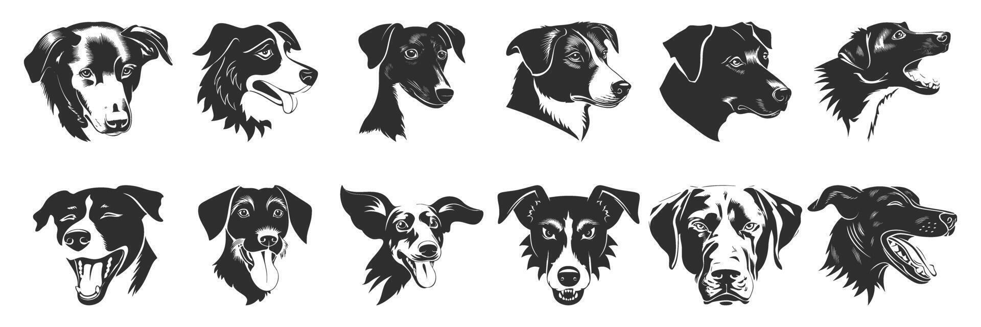 Dog Heads. Various Breeds And Expressions In Black And White. Isolated Illustration Collection vector
