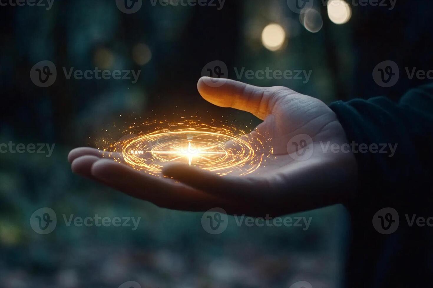 A person holding a glowing orb in their hand photo