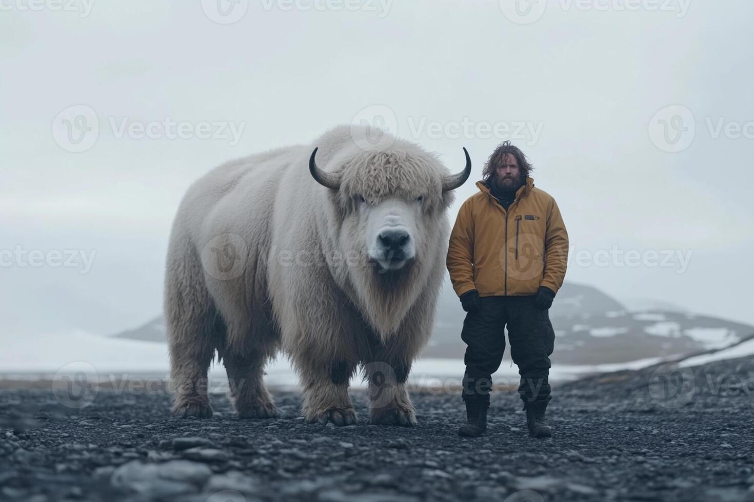 A man standing next to a yak in the snow photo