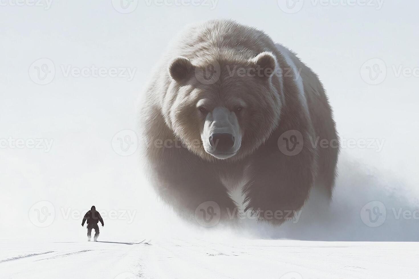 A man is walking towards a large bear in the snow photo