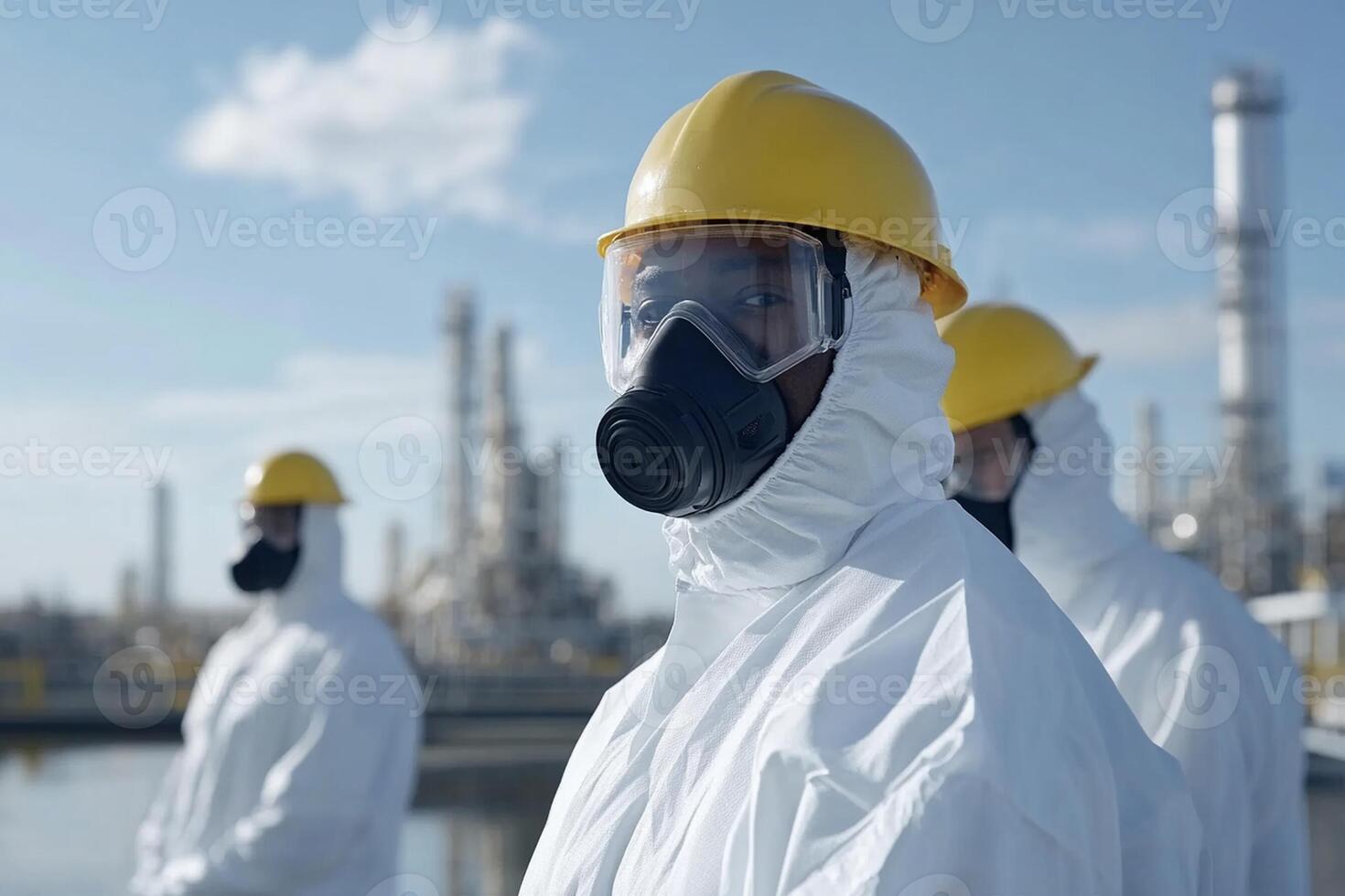Three men in protective clothing standing in front of an oil refinery photo