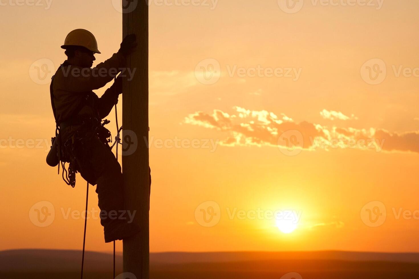 A man in hard hat on a pole at sunset photo