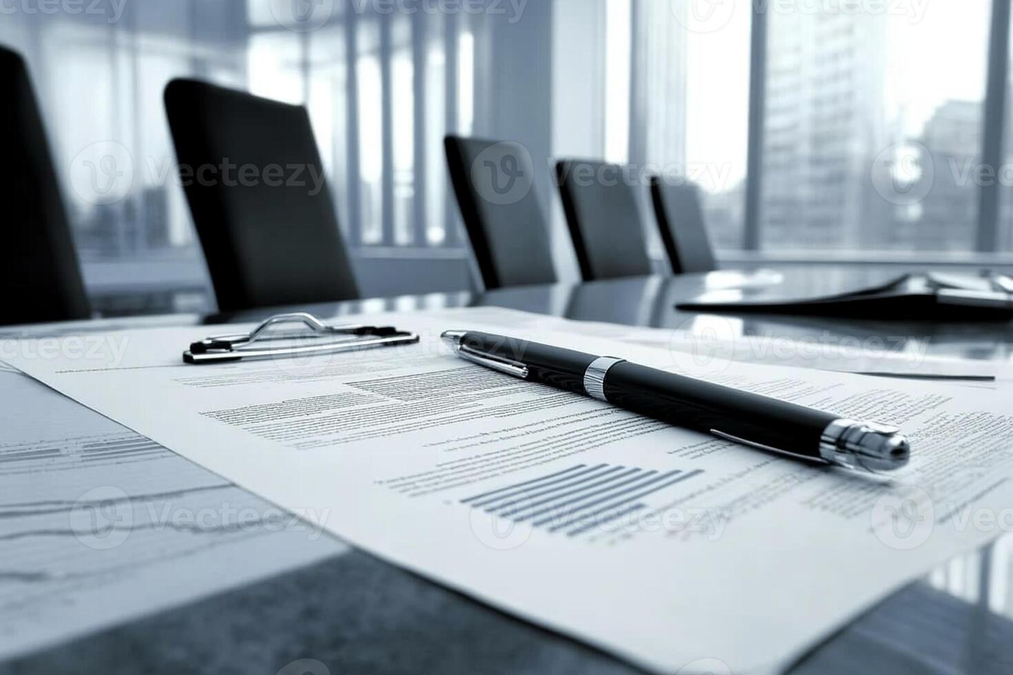 A pen and glasses sit on a table in front of a large window photo