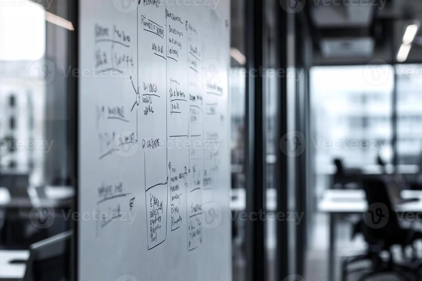 A whiteboard is on the wall in an office photo