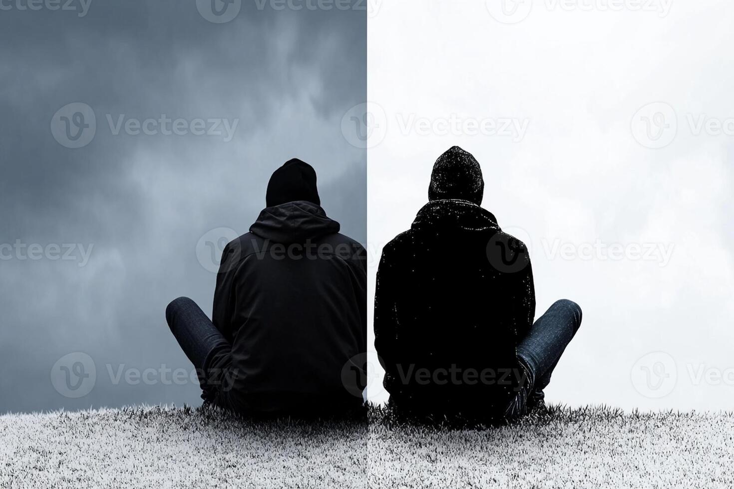 Two people sitting on the ground with one sitting on the other side photo