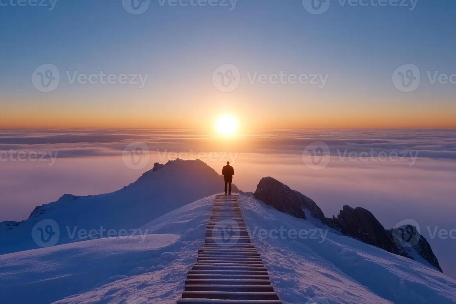 A person standing on a wooden bridge over a snowy mountain photo