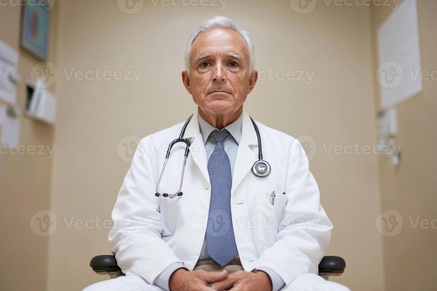 A man in a doctor's coat sitting in a chair photo