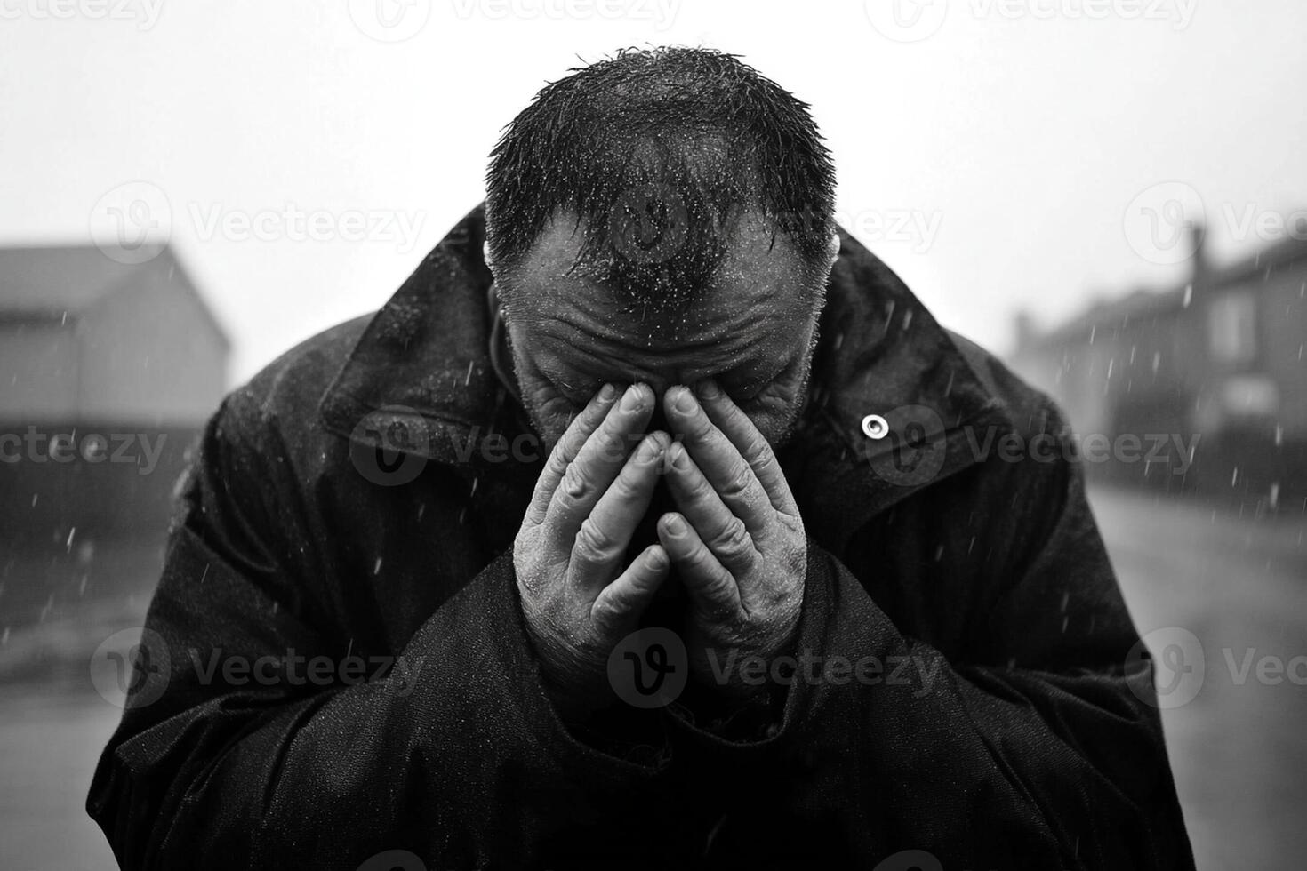 A man is crying in the rain photo