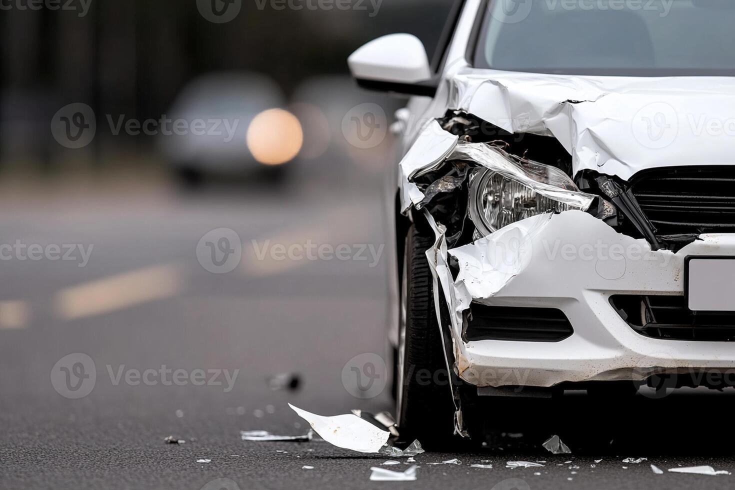 A white car with a smashed front end photo