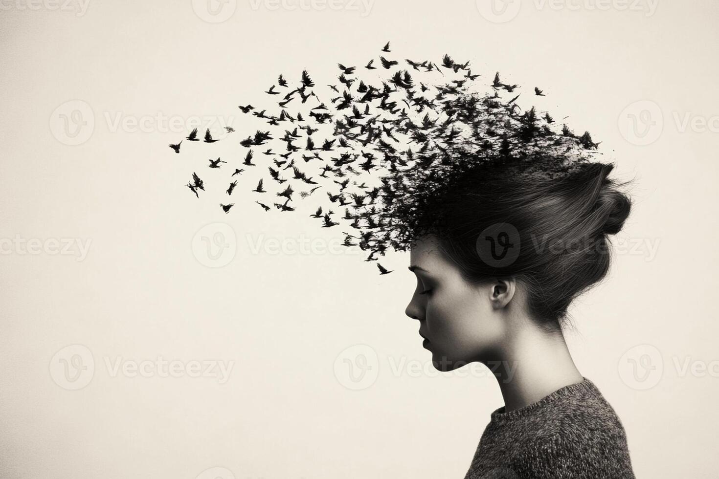 A woman with birds flying out of her head photo