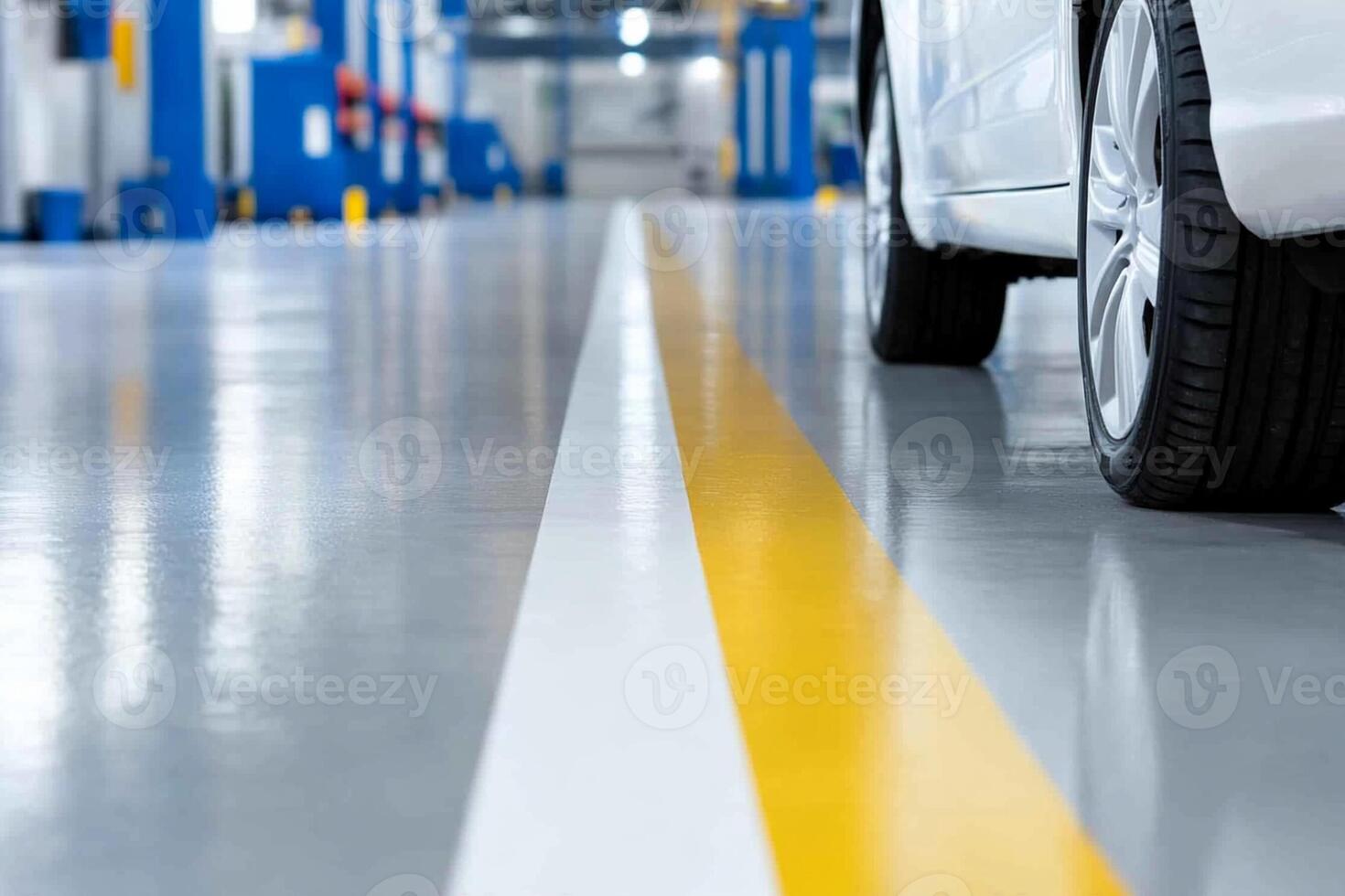 A white car is parked in a garage photo