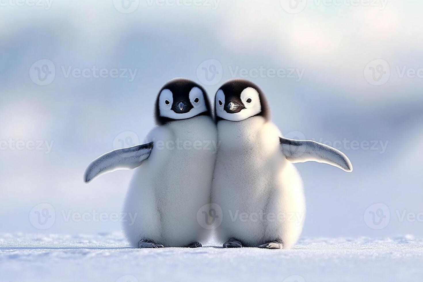 Two penguins standing together in the snow photo