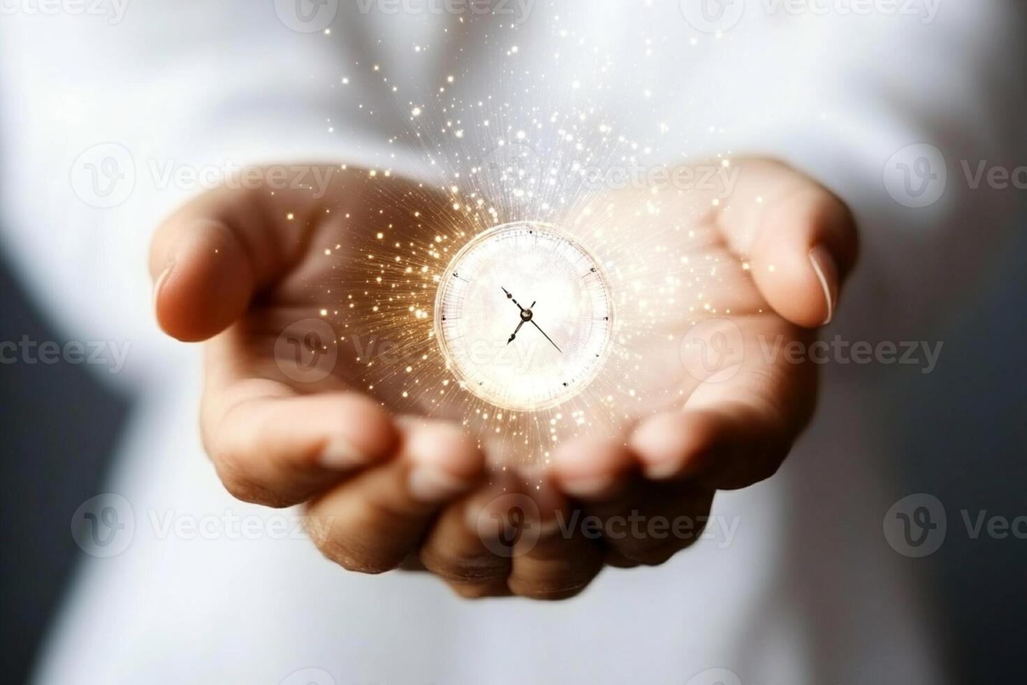 A person holding a clock with sparkles coming out of it photo