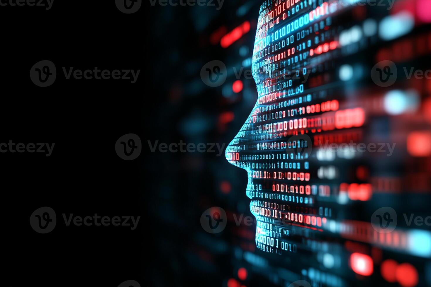 The face of a man is surrounded by binary code photo