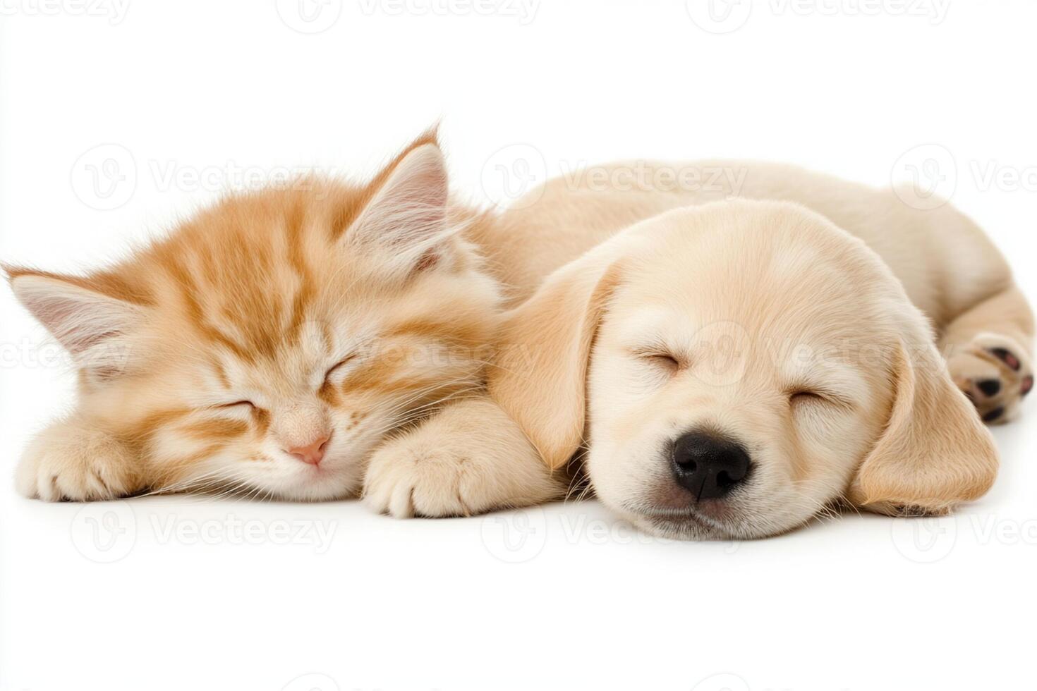 A puppy and a kitten are sleeping together photo