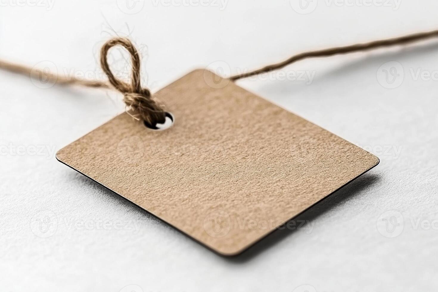 A brown square tag with a string photo