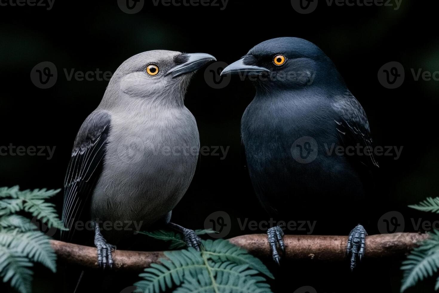 Two gray and black birds sitting on a branch photo