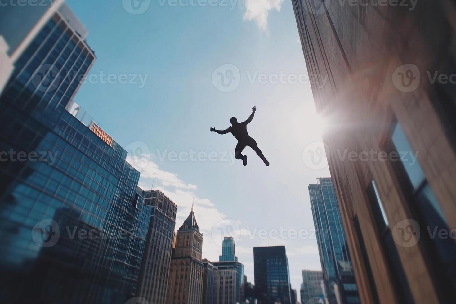 A man jumping off a building in the city photo
