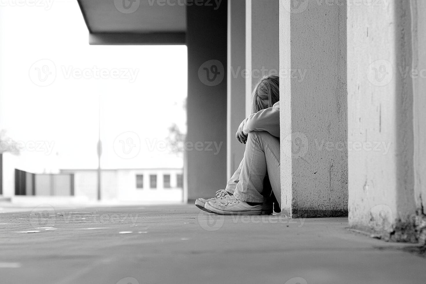 A person sitting on the ground with their head in their hands photo