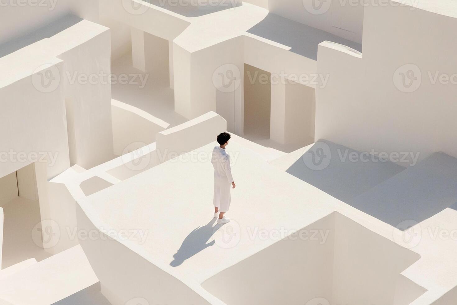 A man standing in a white building with a white floor photo