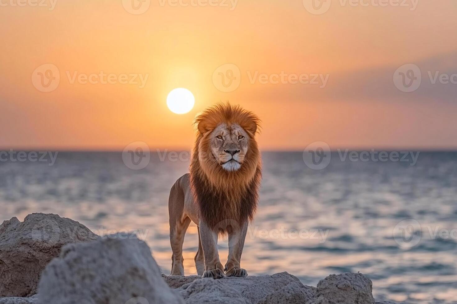 A lion standing on rocks at sunset photo