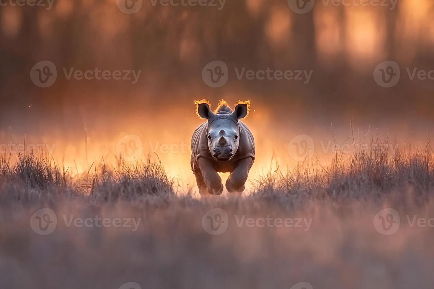 A rhino is walking through a field at sunset photo