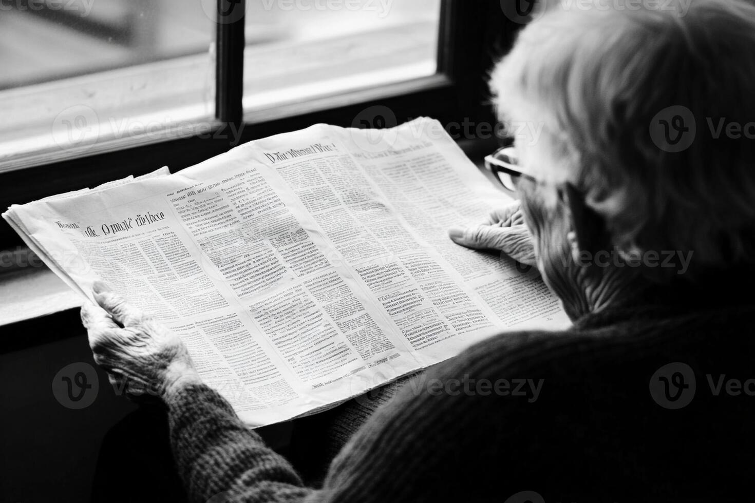 An elderly woman reading the newspaper photo