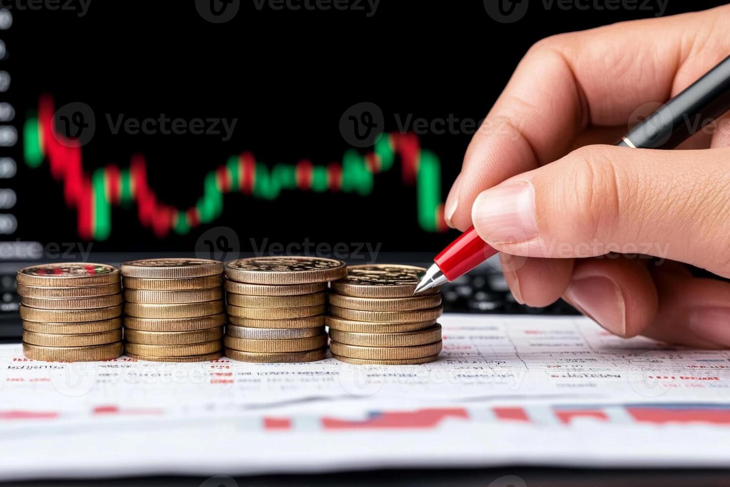Man holding pen and writing on stack of coins with stock market graph photo
