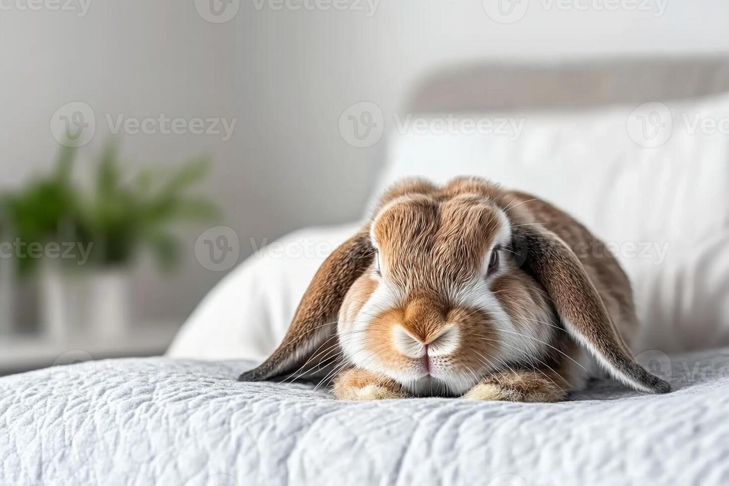 A rabbit is sitting on a bed in a bedroom photo