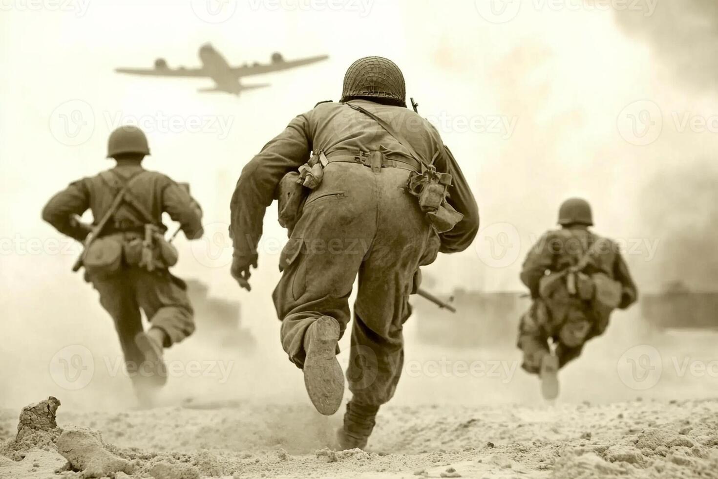 Three soldiers running towards an airplane photo