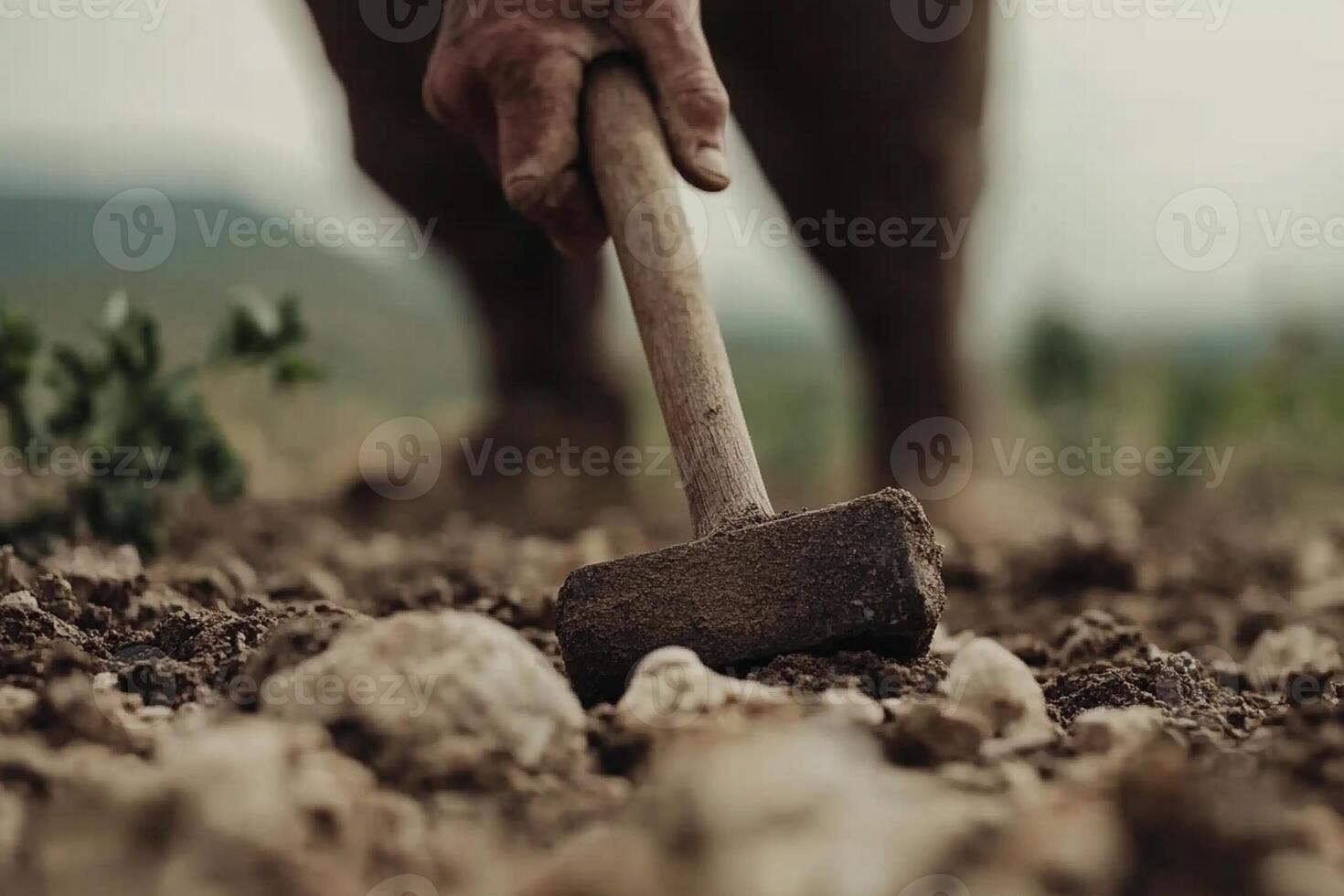 A man is digging dirt with a large wooden shovel photo