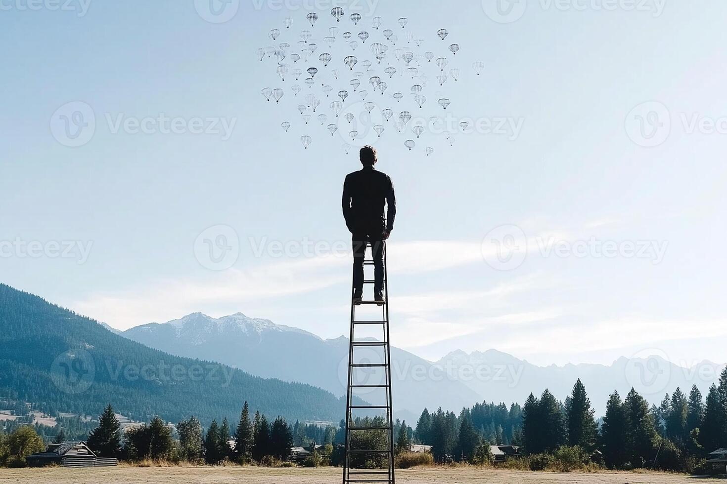 A man standing on a ladder with a cloud of ideas above him photo