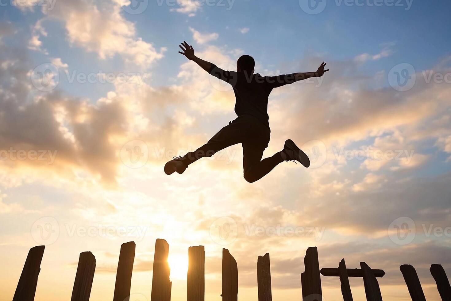 A man jumping over a fence at sunset photo
