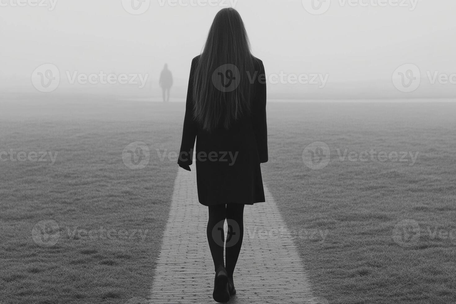 A woman walking down a path in the fog photo