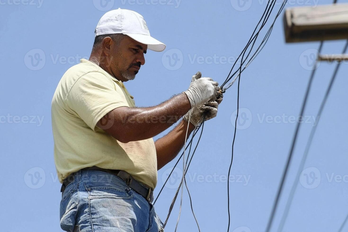 A man working on electrical wires in the sun photo
