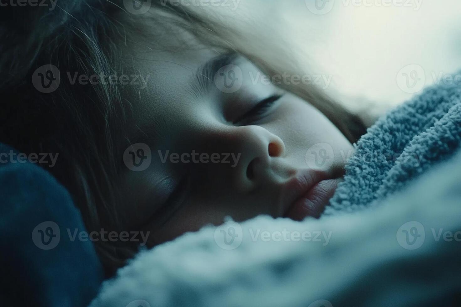A young child sleeping in bed with a blanket photo