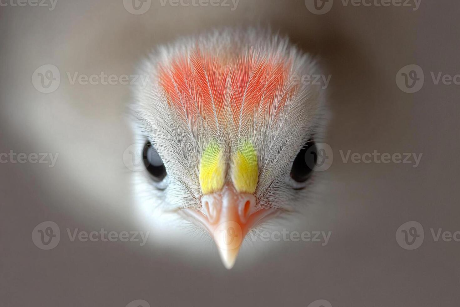 A close up of a bird's head with a red and yellow feather photo