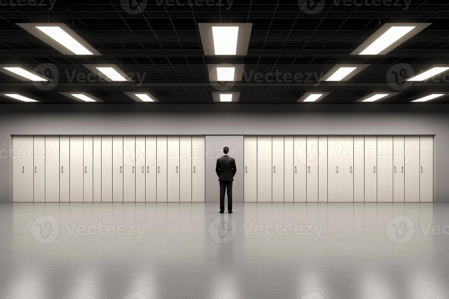 A man stands in front of a room full of lockers photo