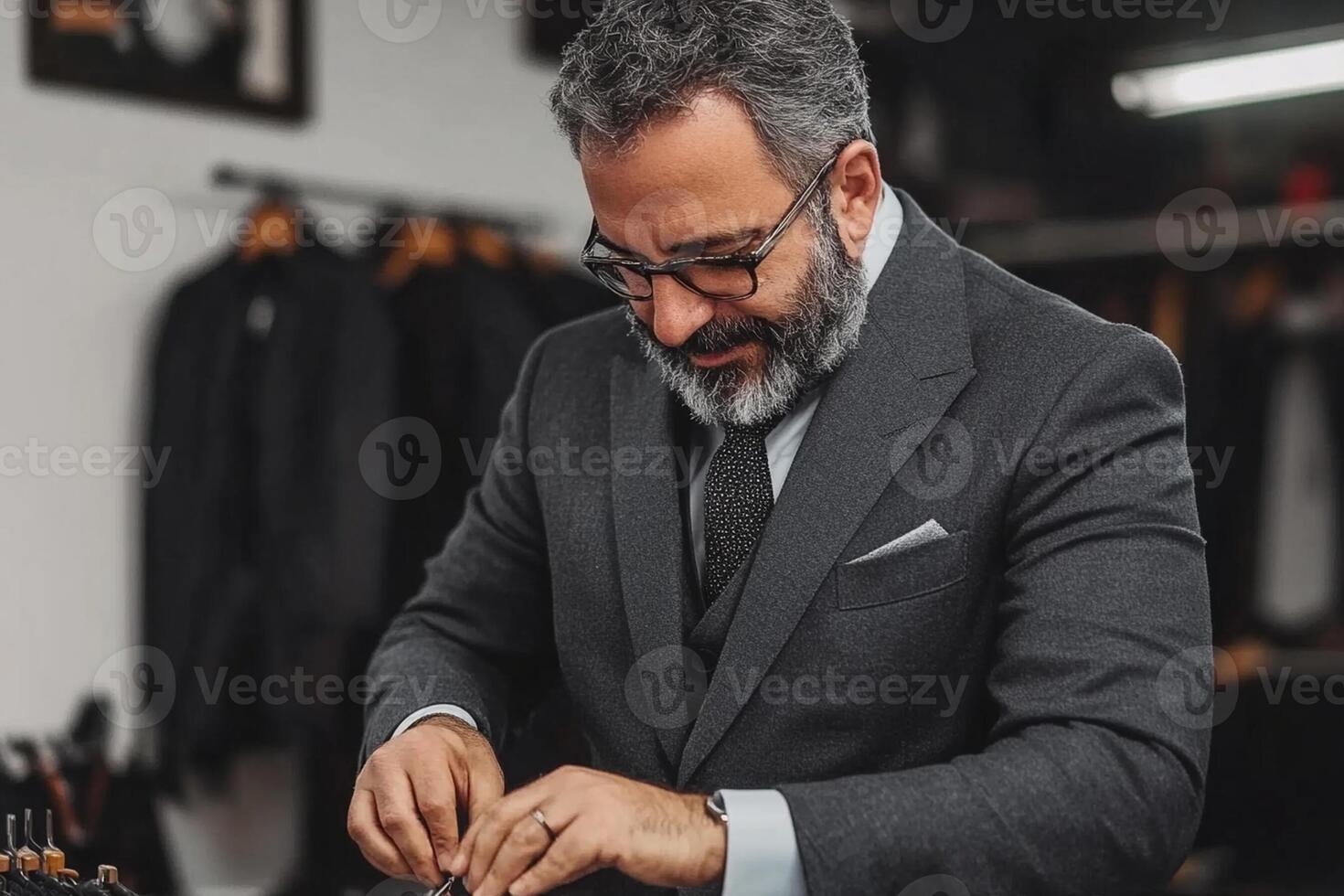 A man in a suit is looking at his watch photo