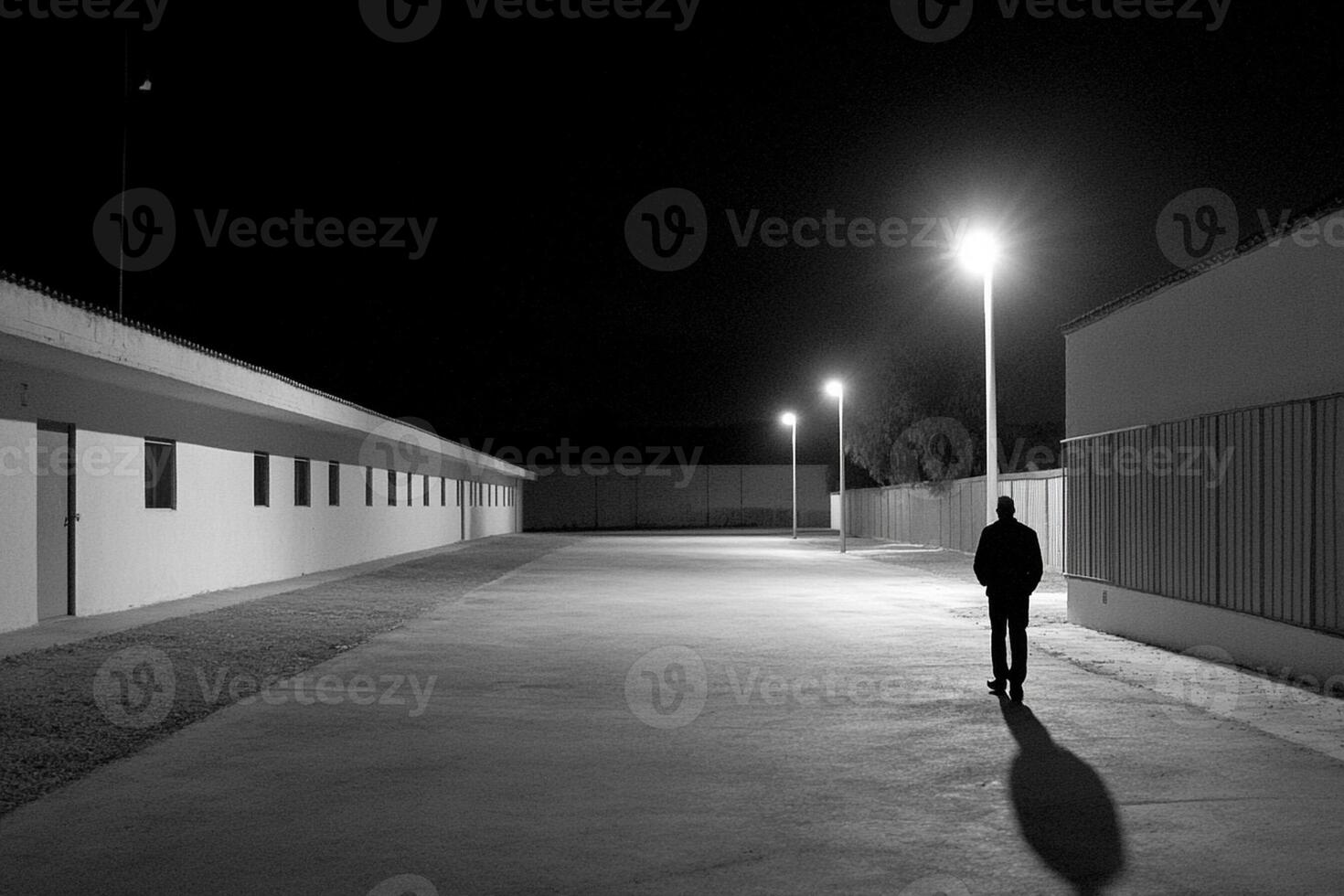 A person walking down an empty street at night photo