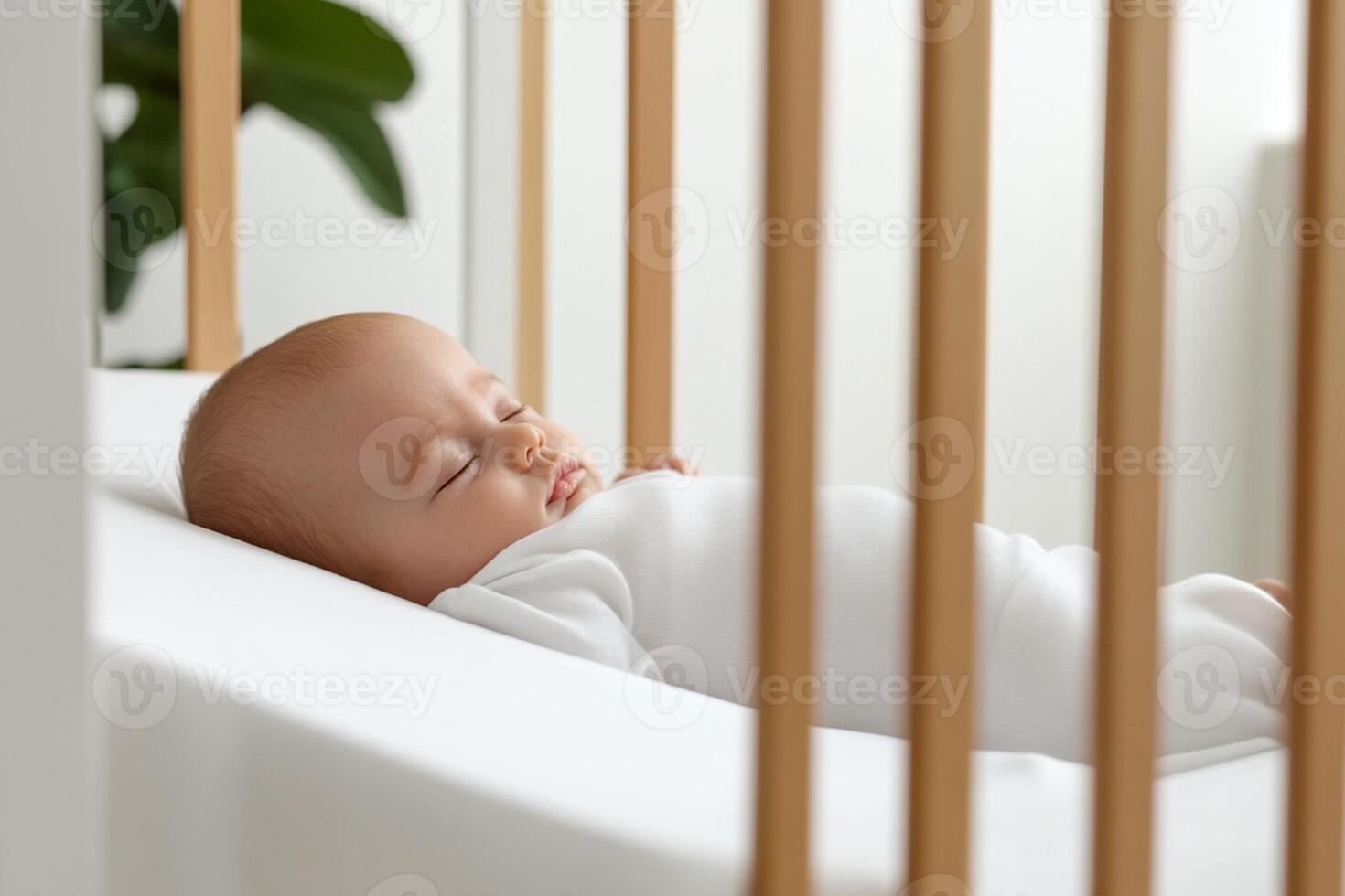A baby sleeping in a crib with wooden bars photo